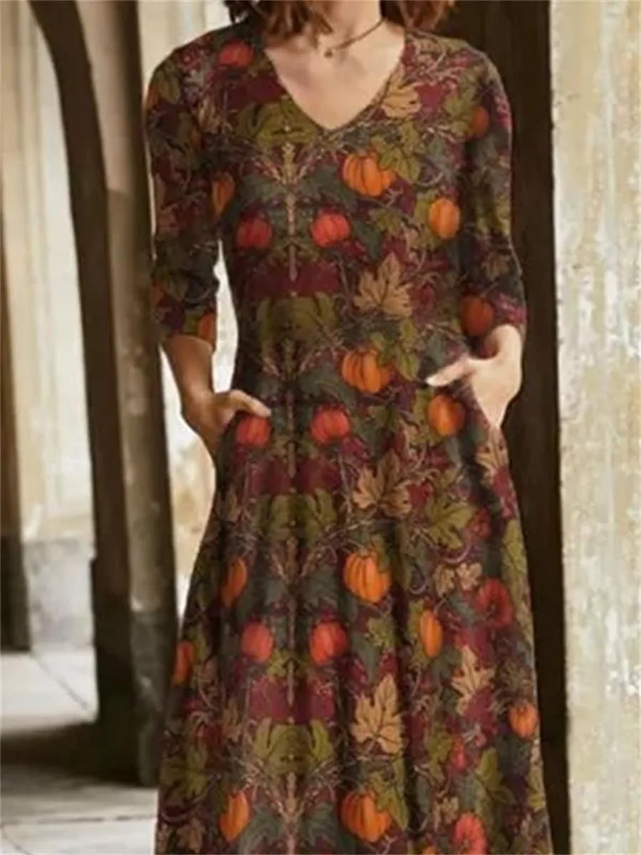 Retro Printed Pastoral V-Neck Ladies Dress