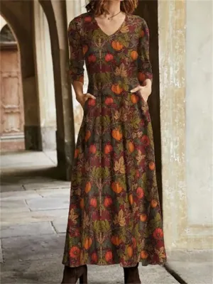 Retro Printed Pastoral V-Neck Ladies Dress