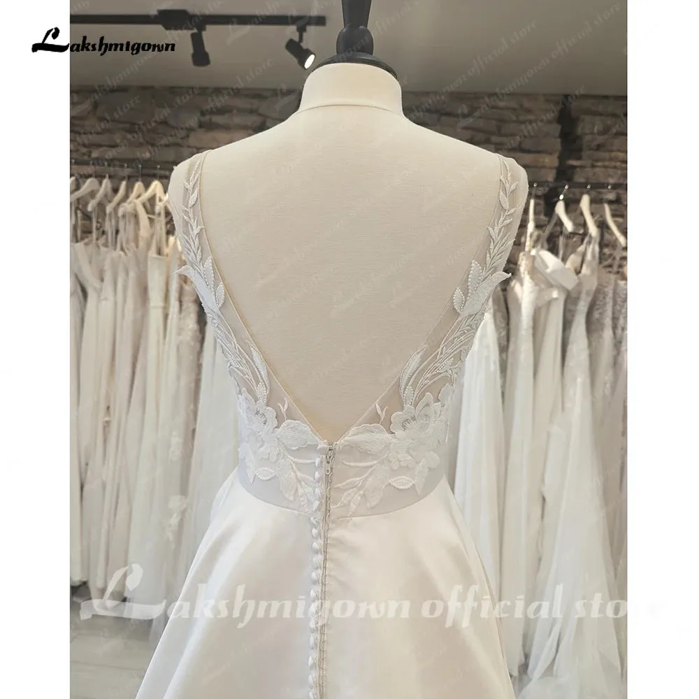 Romantic V Neck Lace A Line Wedding Gown for Bride Satin Open Back Women Wedding Dress vestido de fiesta de boda