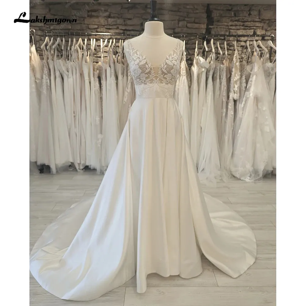 Romantic V Neck Lace A Line Wedding Gown for Bride Satin Open Back Women Wedding Dress vestido de fiesta de boda