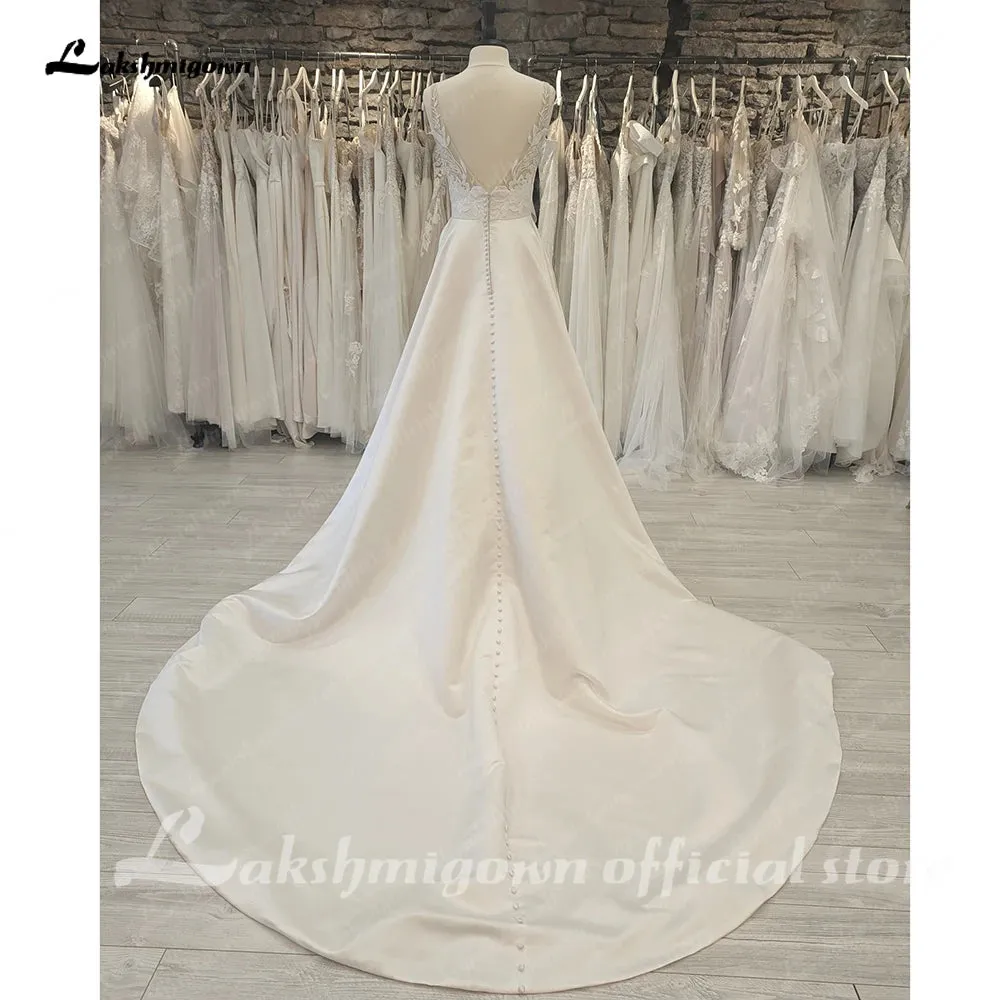 Romantic V Neck Lace A Line Wedding Gown for Bride Satin Open Back Women Wedding Dress vestido de fiesta de boda