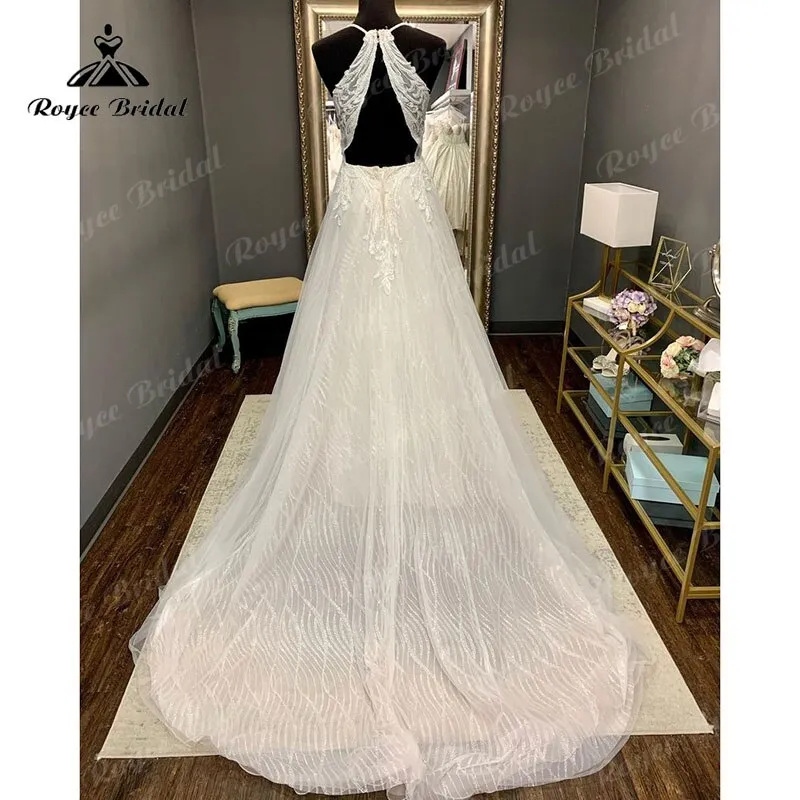Roycebridal Vintage Beach Spaghetti Straps V Neck A Line Shiny Glitter Wedding Dress Open Back Sweep Train Lace Appliques vestidos de novia