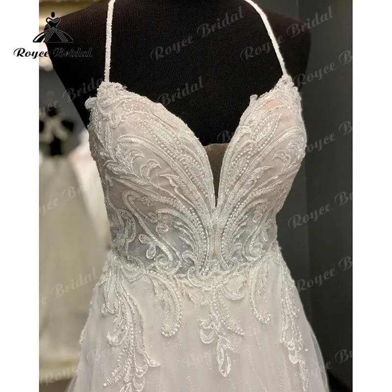Roycebridal Vintage Beach Spaghetti Straps V Neck A Line Shiny Glitter Wedding Dress Open Back Sweep Train Lace Appliques vestidos de novia