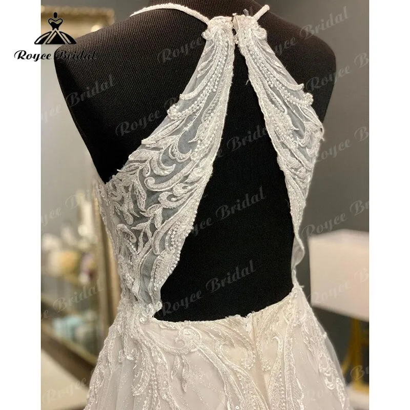 Roycebridal Vintage Beach Spaghetti Straps V Neck A Line Shiny Glitter Wedding Dress Open Back Sweep Train Lace Appliques vestidos de novia