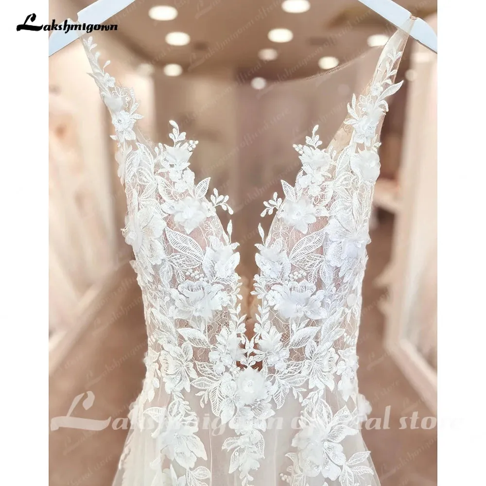 Roycebridal Vintage Lace Appliques Backless Wedding Dress with V Neck 3D Flowers Bridal Gown Custom Made abito da sposa