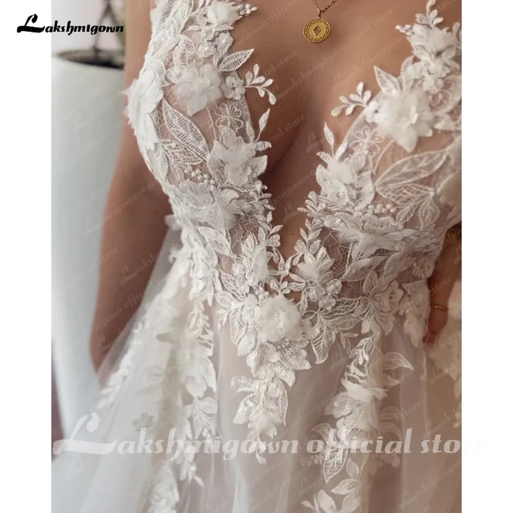 Roycebridal Vintage Lace Appliques Backless Wedding Dress with V Neck 3D Flowers Bridal Gown Custom Made abito da sposa