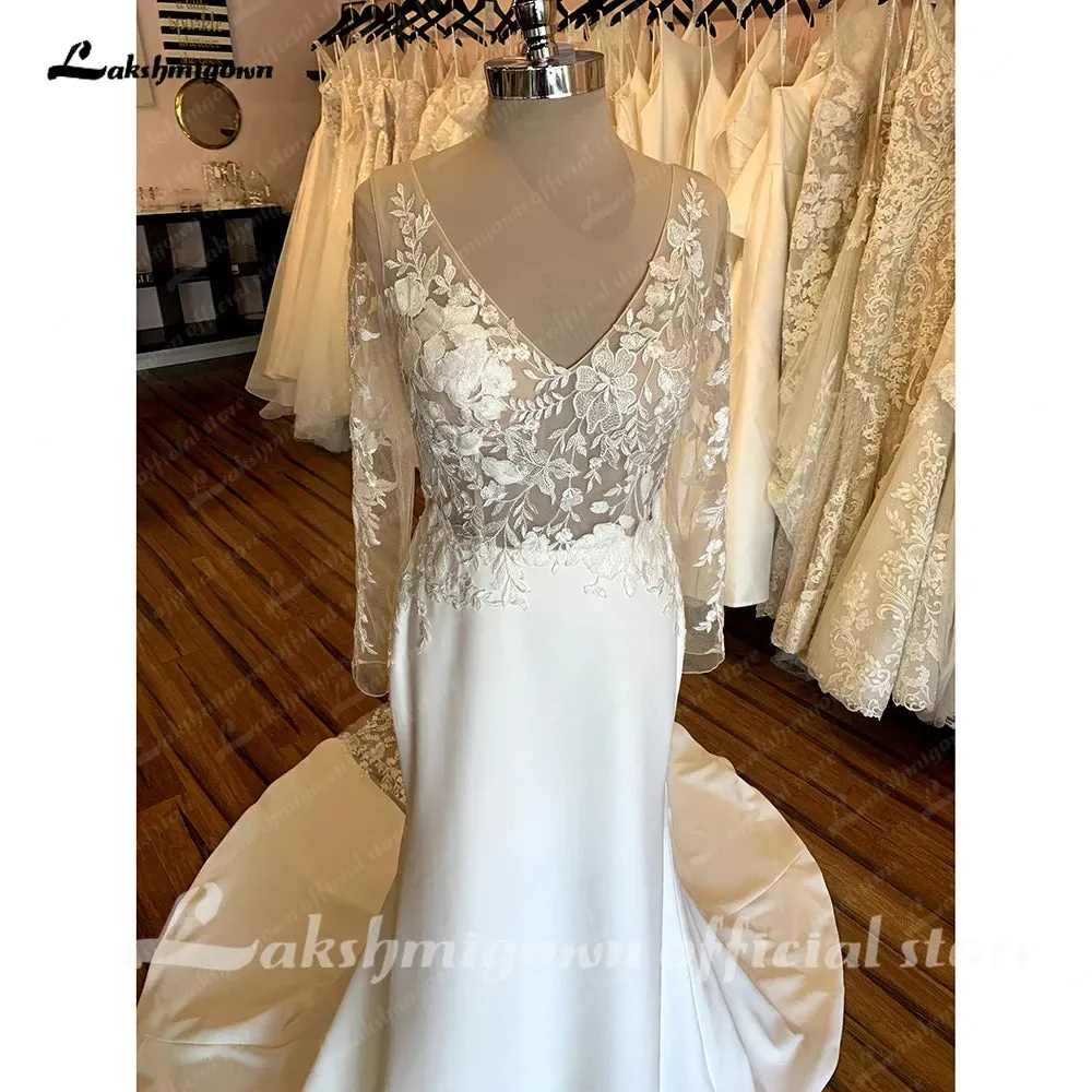 Roycebridal Vintage Lace Long Sleeve Boho Wedding Gowns 2025 Abito Da Sposa Sexy Soft Satin Bridal Dress Plunging Open Back