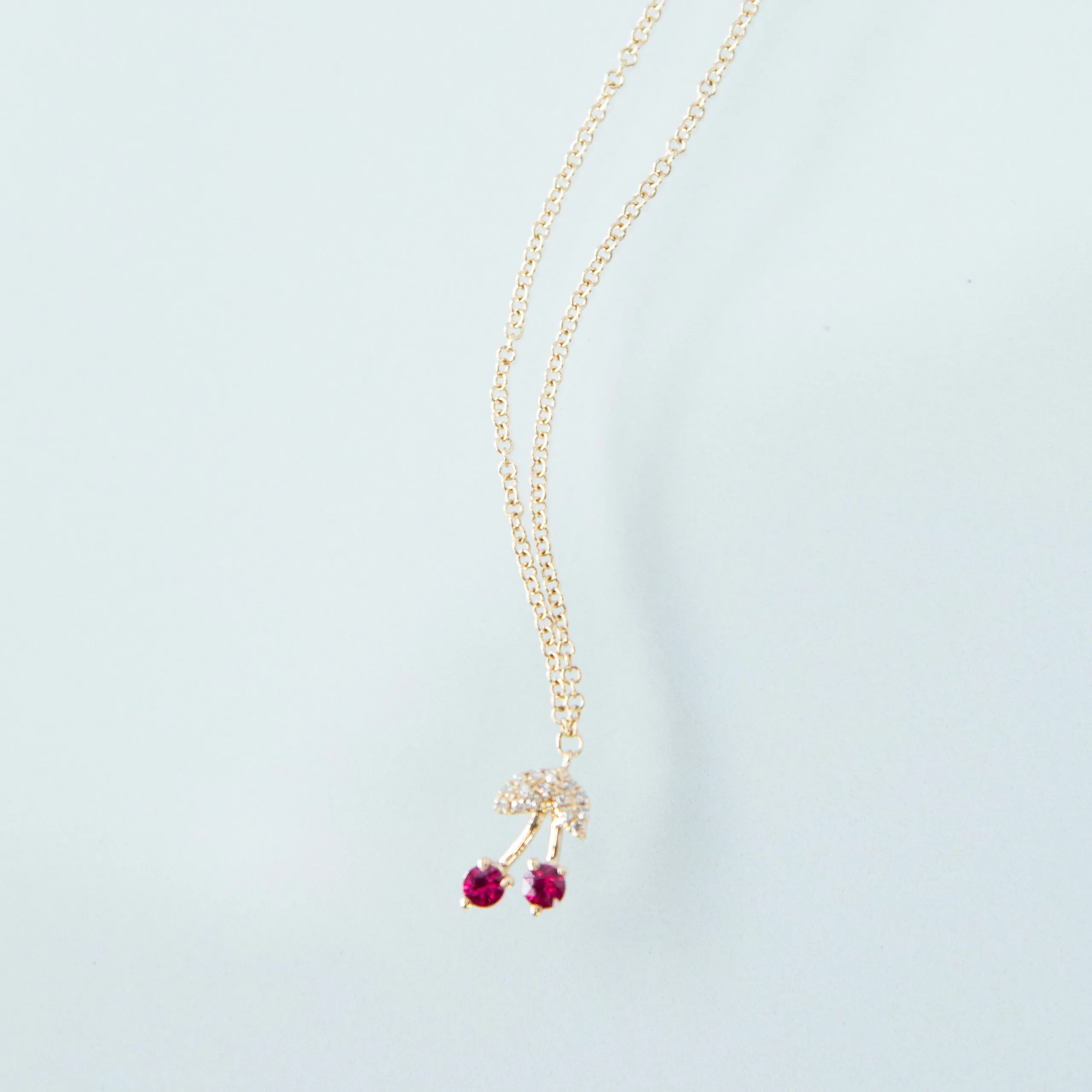 Ruby and Diamond Cherry Necklace in 14k Yellow Gold