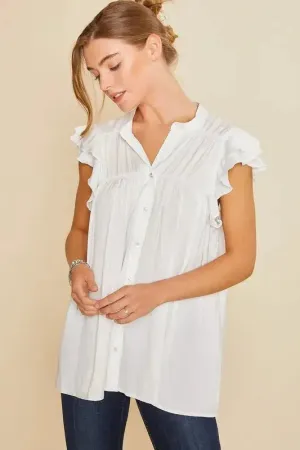 Ruffle Sleeve Shirred Flowy Woven Tunic Shirt in White – Feminine Frill & Effortless Elegance