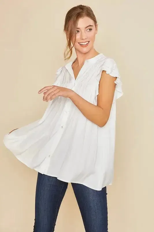 Ruffle Sleeve Shirred Flowy Woven Tunic Shirt in White – Feminine Frill & Effortless Elegance