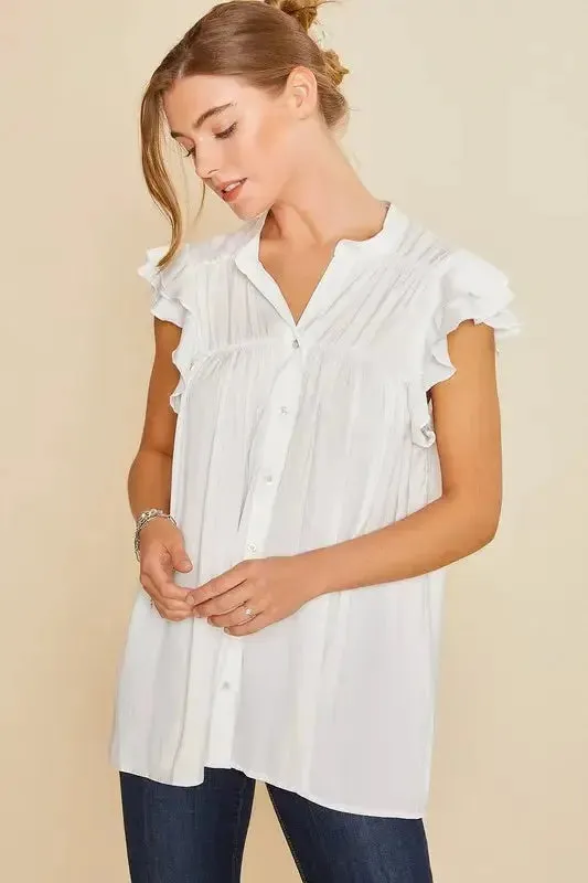 Ruffle Sleeve Shirred Flowy Woven Tunic Shirt in White – Feminine Frill & Effortless Elegance