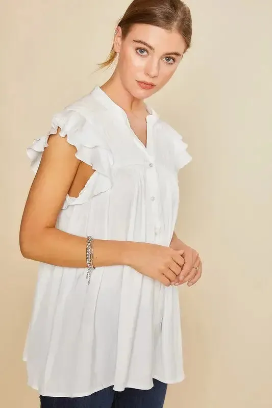 Ruffle Sleeve Shirred Flowy Woven Tunic Shirt in White – Feminine Frill & Effortless Elegance