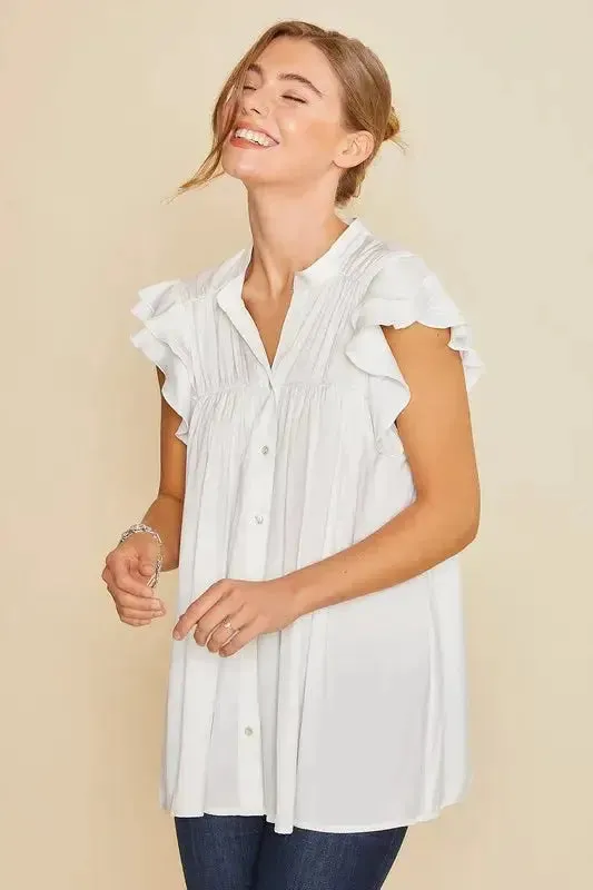 Ruffle Sleeve Shirred Flowy Woven Tunic Shirt in White – Feminine Frill & Effortless Elegance