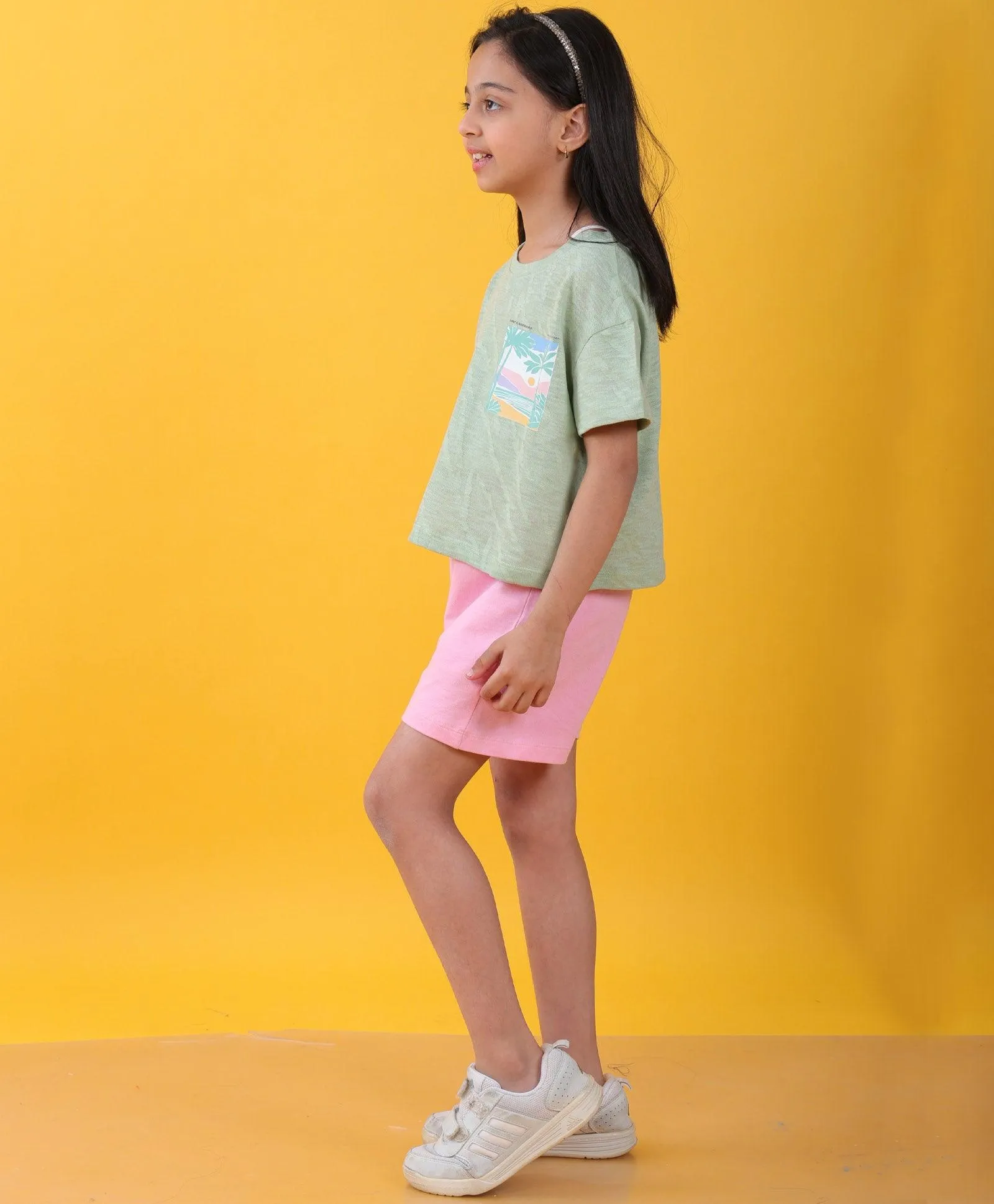 SANTA BARBARA GREEN PINK SUMMER GIRLS SHORTS SET - GREEN/PINK