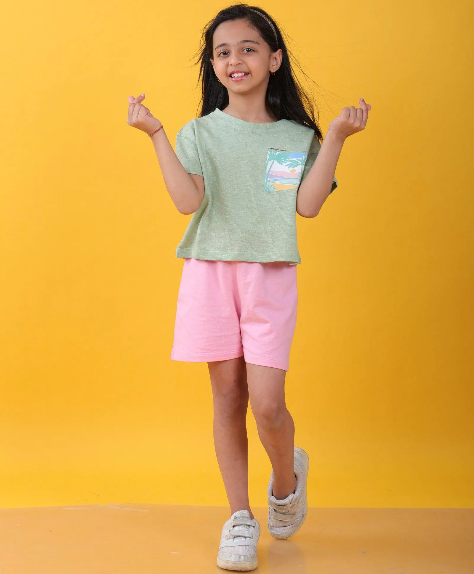 SANTA BARBARA GREEN PINK SUMMER GIRLS SHORTS SET - GREEN/PINK
