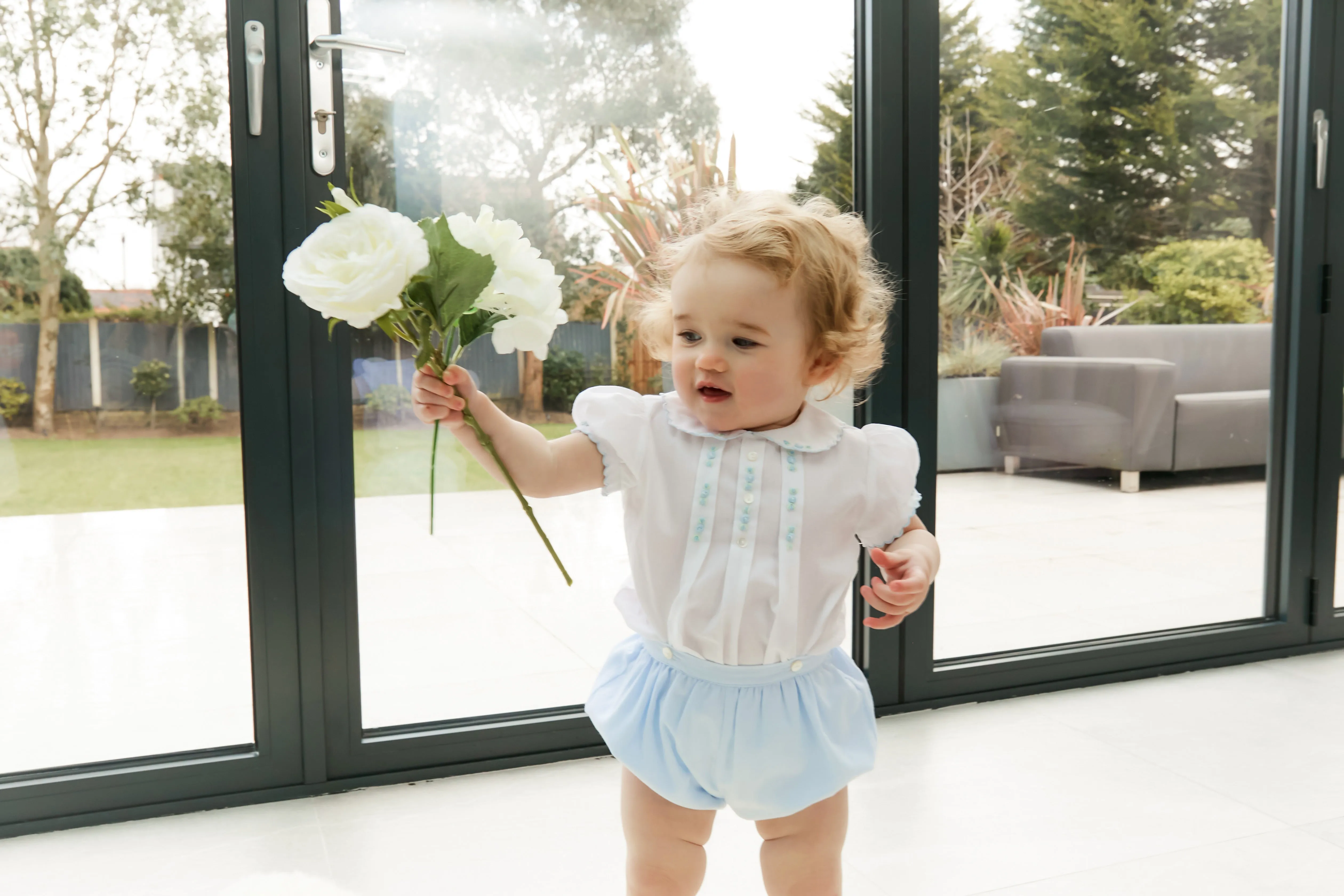 Sarah Louise Blue Rosebud Embroidered Bloomer & Blouse Set