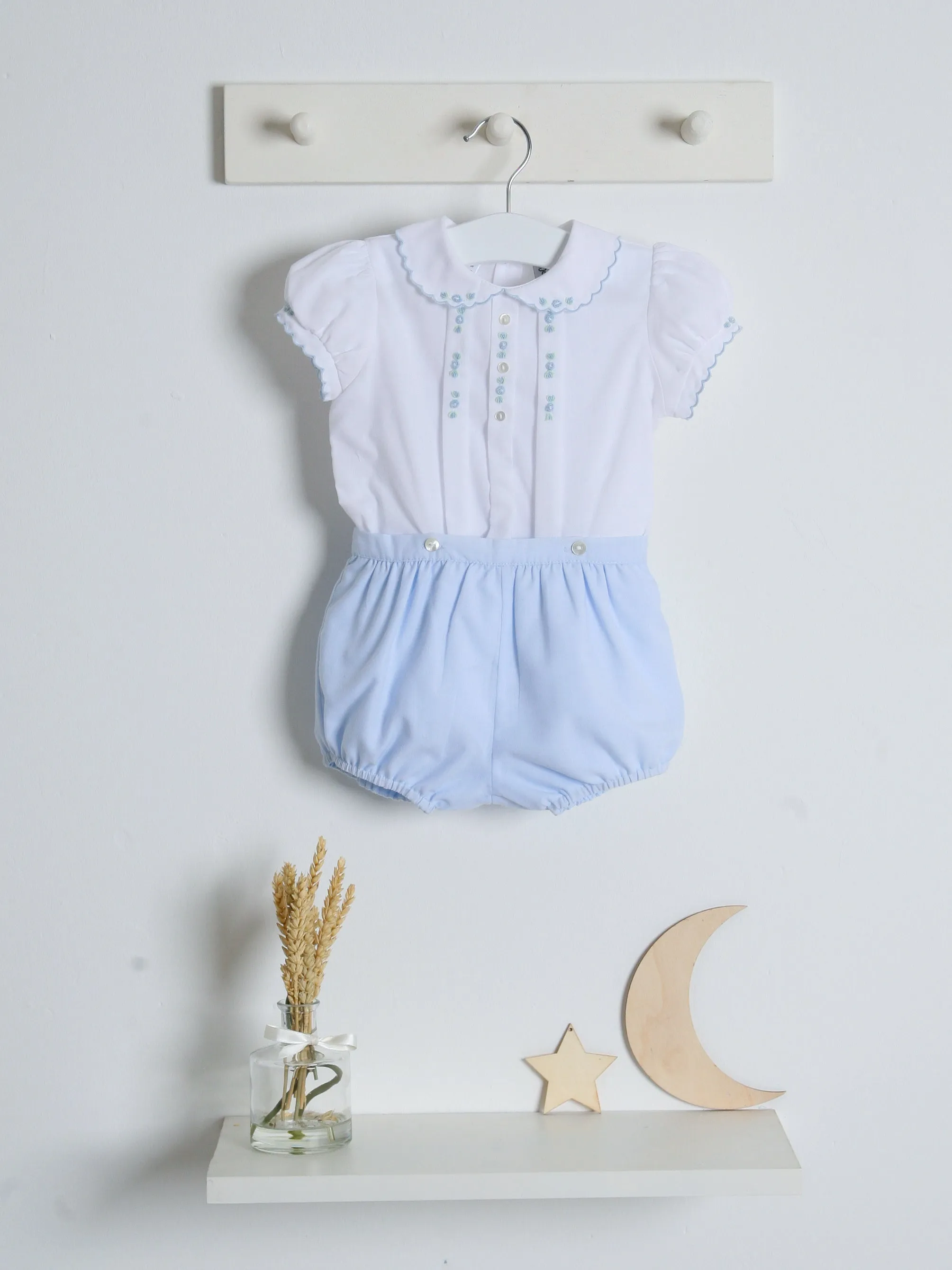 Sarah Louise Blue Rosebud Embroidered Bloomer & Blouse Set