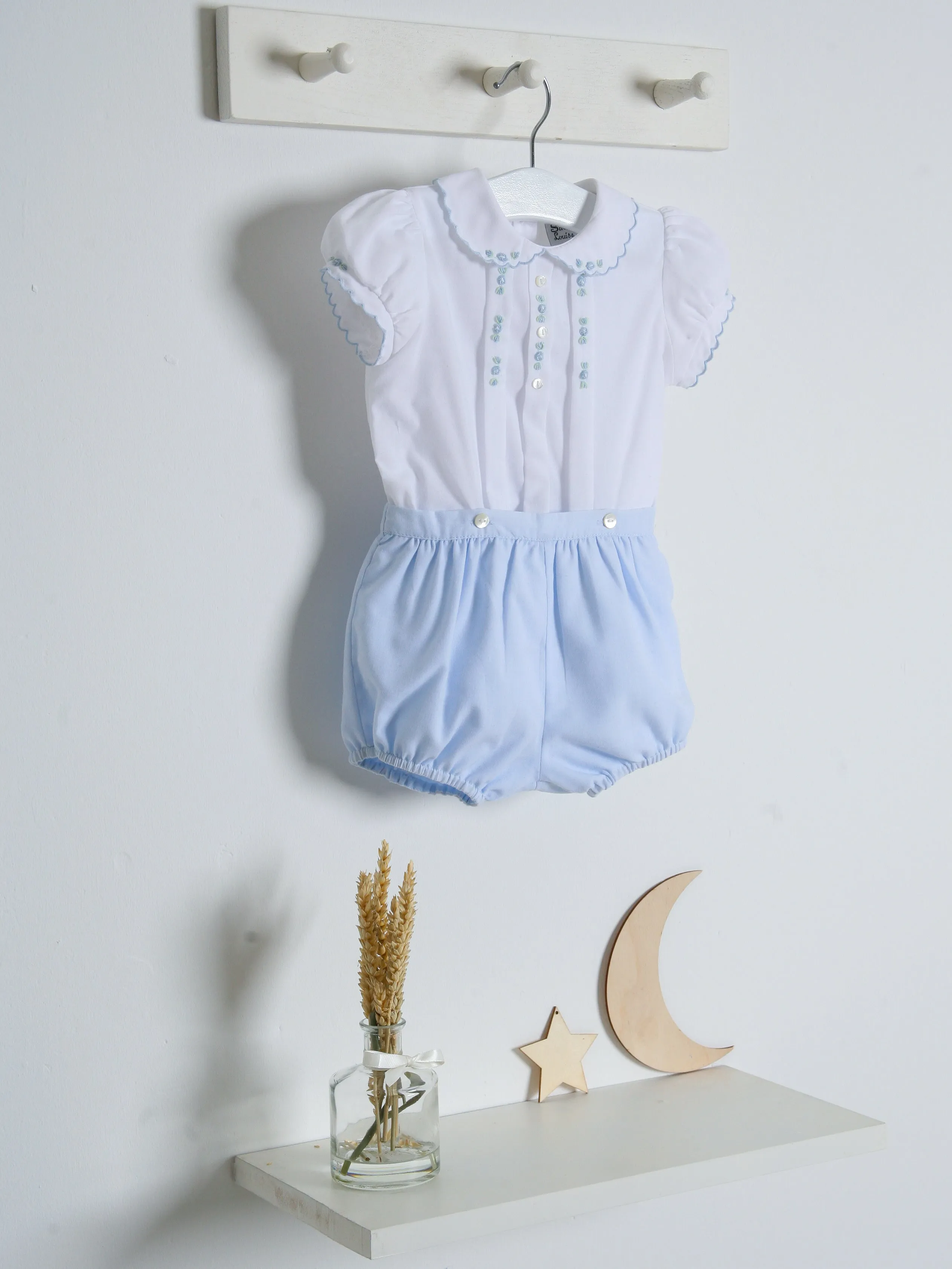 Sarah Louise Blue Rosebud Embroidered Bloomer & Blouse Set