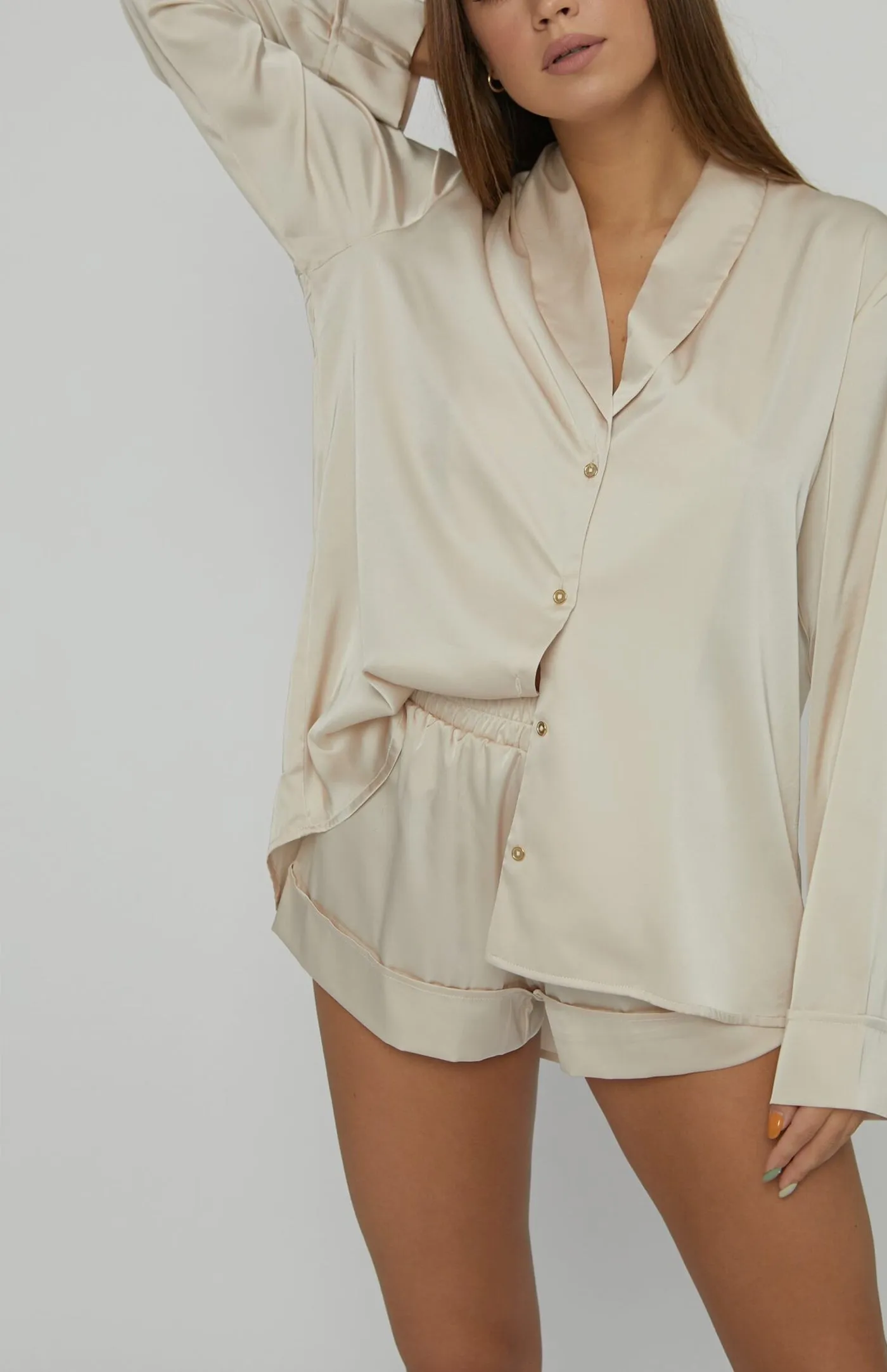 Satin-Chic: Beige Shorts Loungewear Set