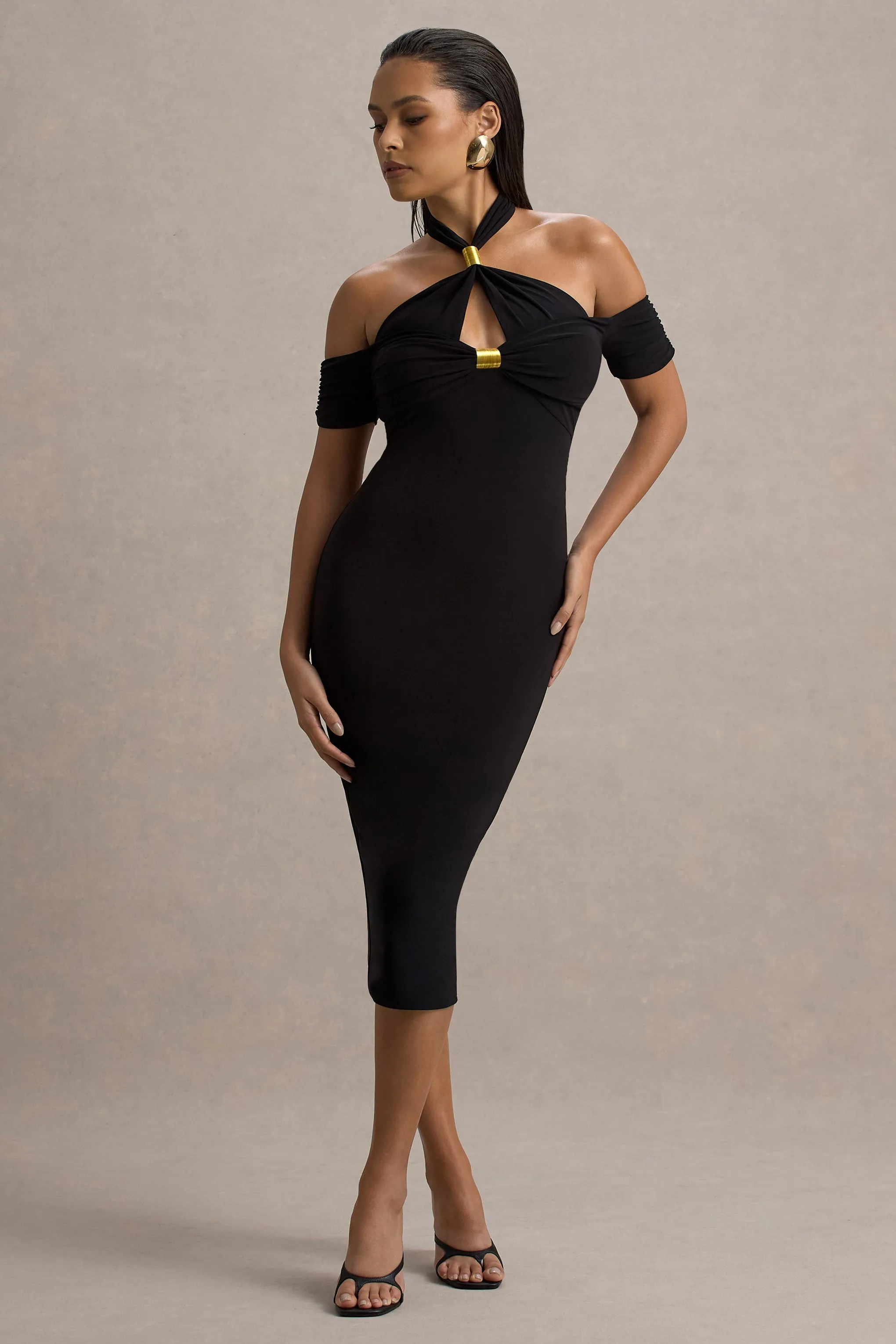 Selvina | Black Cut-Out Halter-Neck Midi Dress