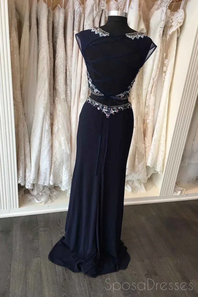 Sexy Two Pieces Heavily Beaded Navy Mermaid Long Cheap Evening Prom Dresses, 17538