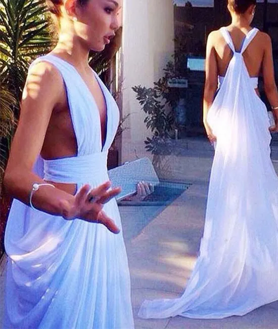 Sexy Unique Chiffon Long White Prom Dresses, White Evening Dresses