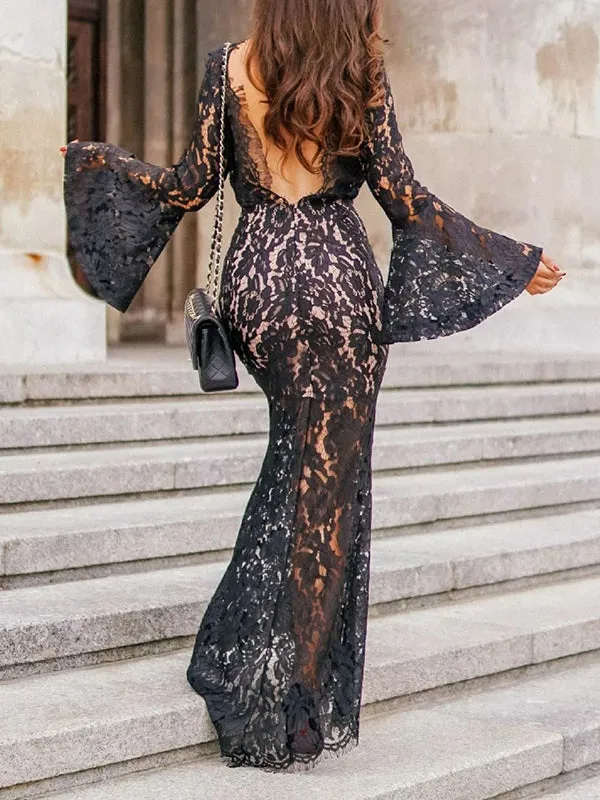 Sexy V-neck Halter Bat Sleeve Dress Maxi Dress