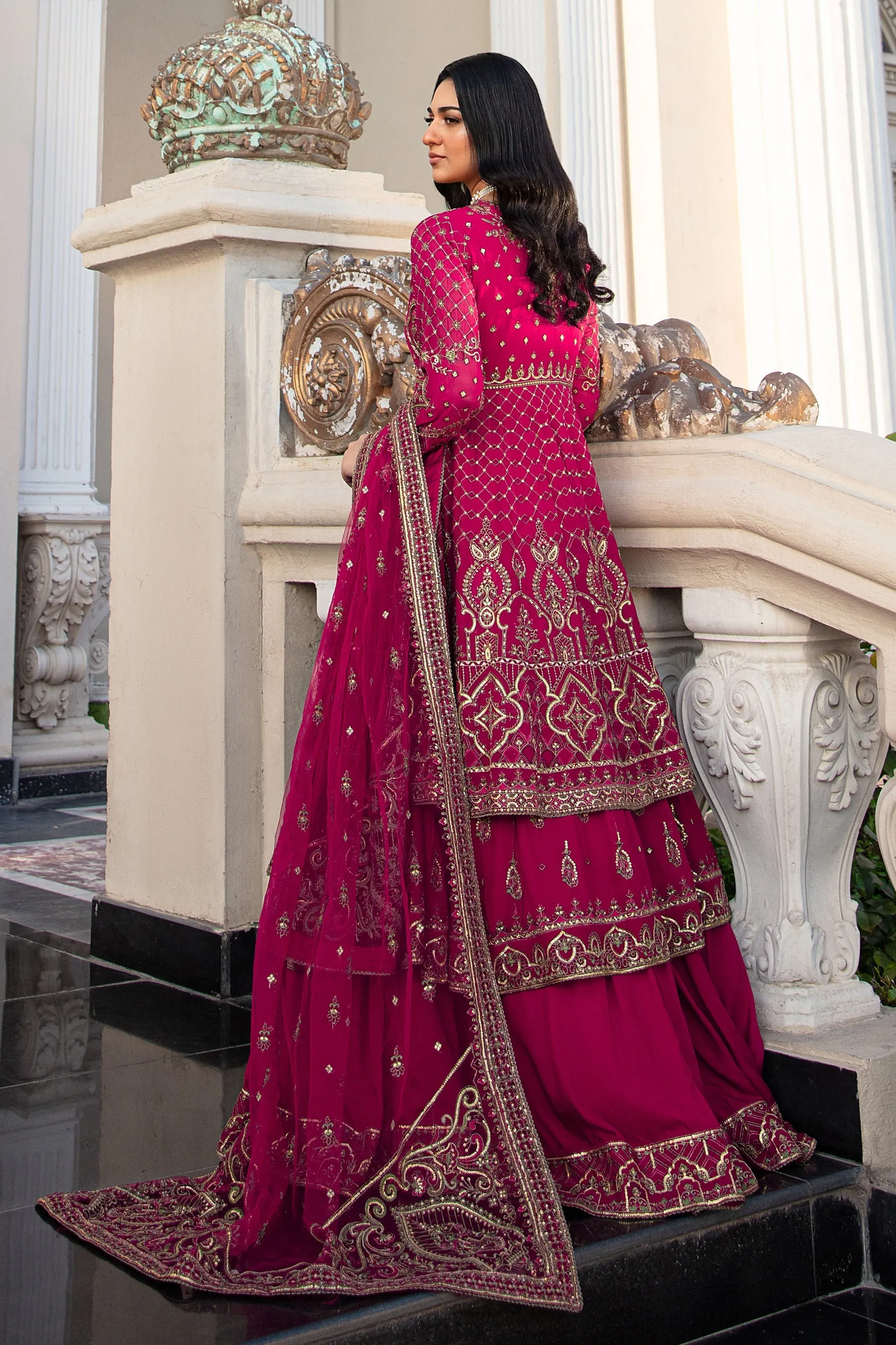 Shocking Pink Pakistani Wedding Dress Double Layered Frock with Lehenga