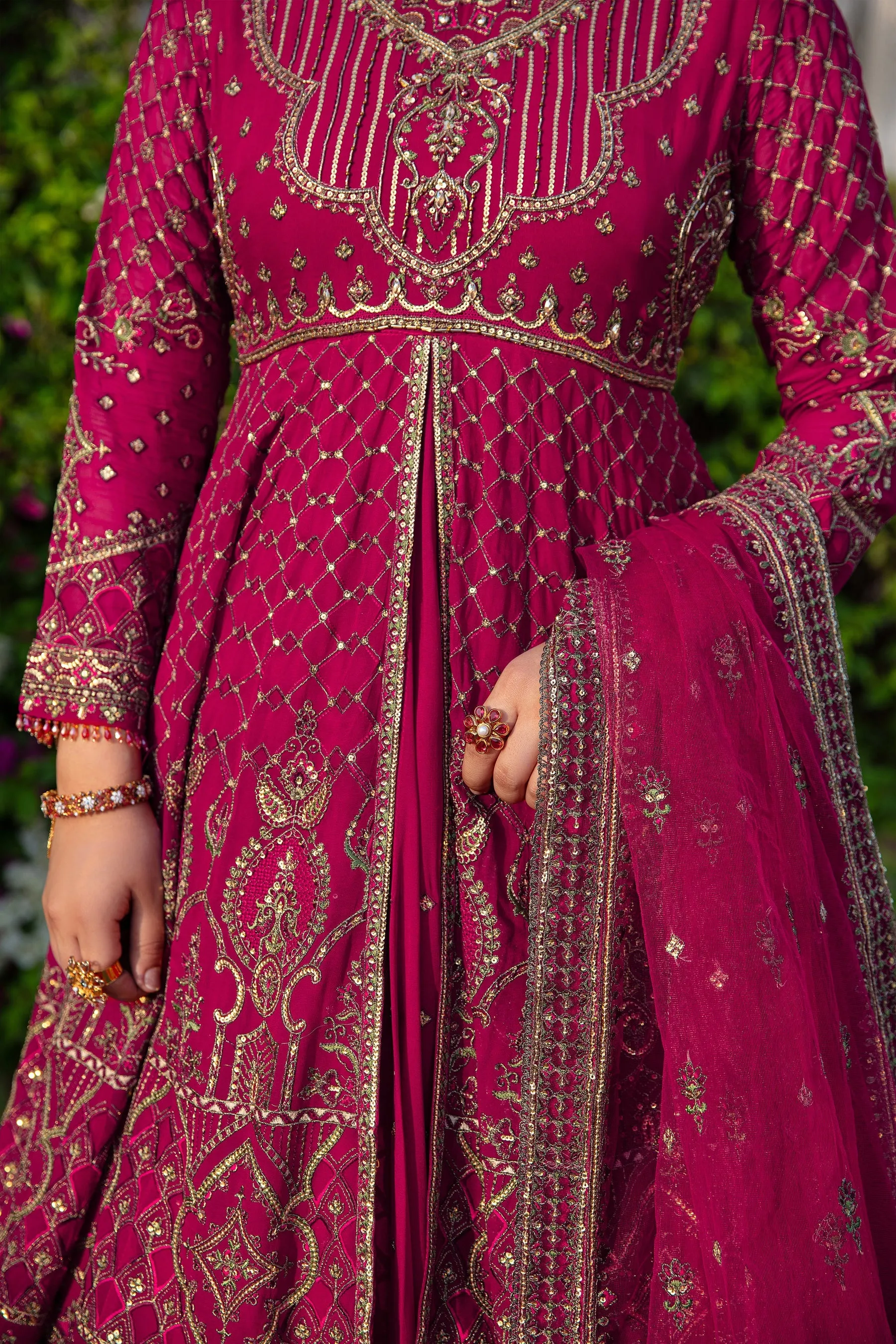 Shocking Pink Pakistani Wedding Dress Double Layered Frock with Lehenga