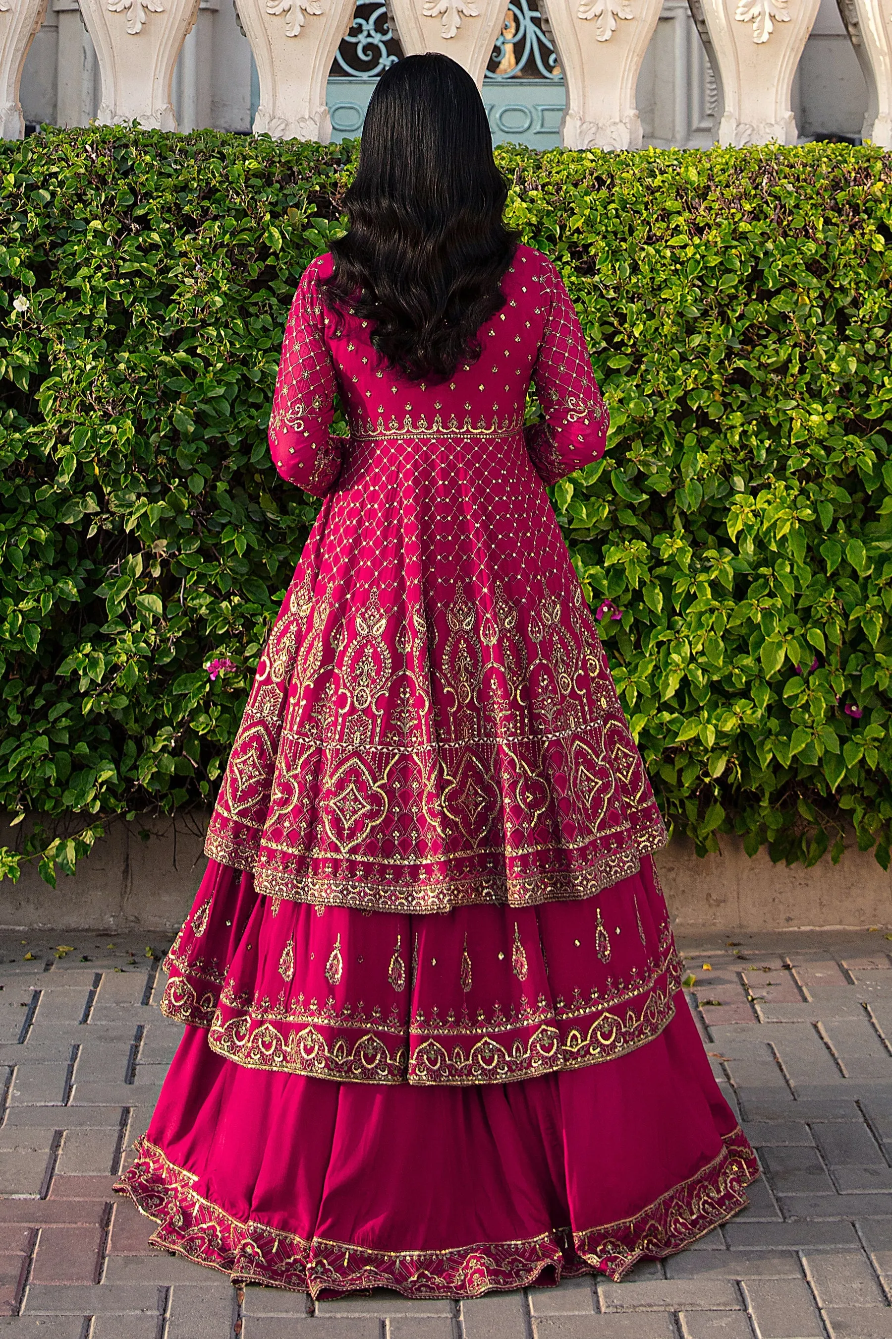 Shocking Pink Pakistani Wedding Dress Double Layered Frock with Lehenga