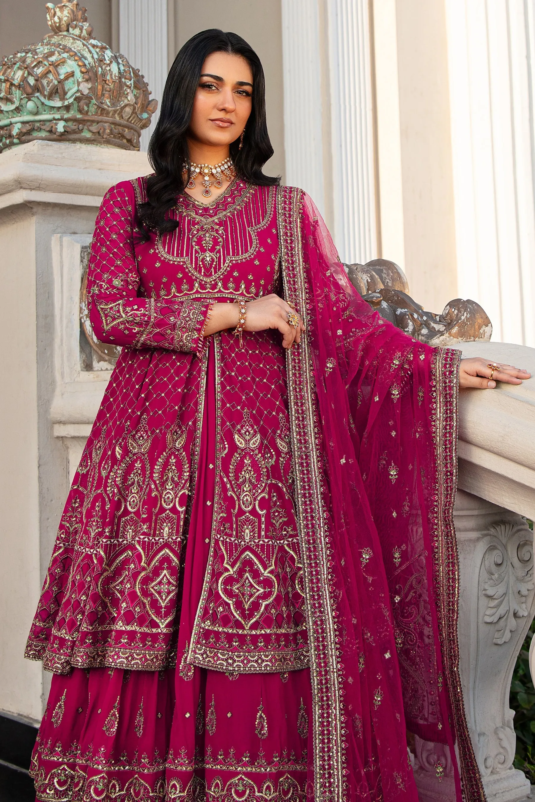Shocking Pink Pakistani Wedding Dress Double Layered Frock with Lehenga