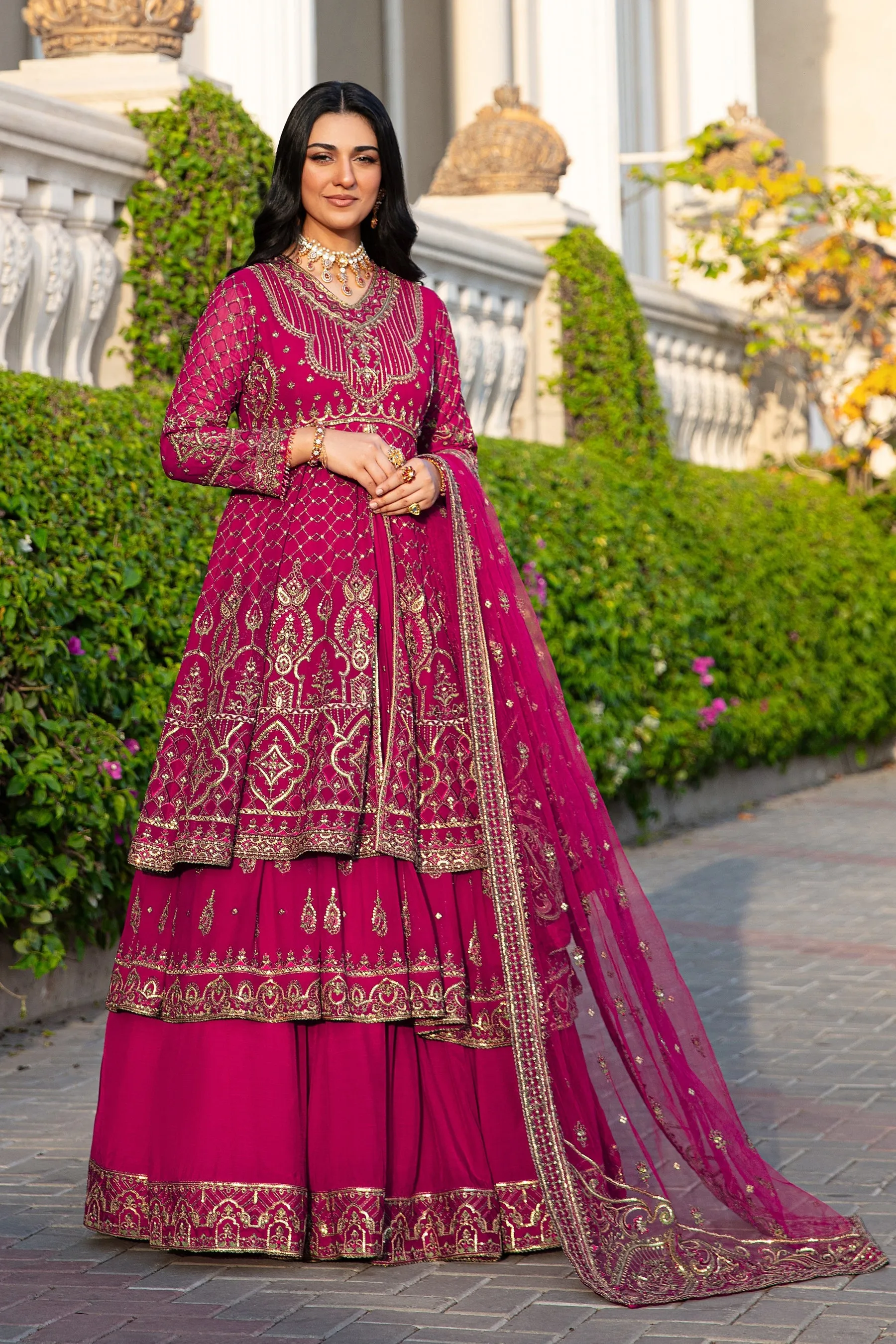 Shocking Pink Pakistani Wedding Dress Double Layered Frock with Lehenga