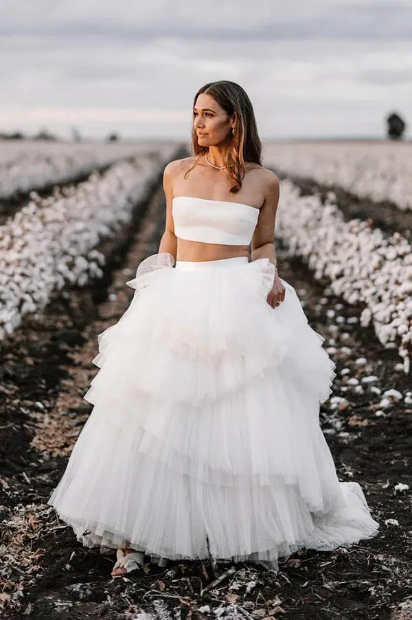 Simple Two Piece Wedding Dress With Layered Tulle Skirt, Bridal Gown, MW1005