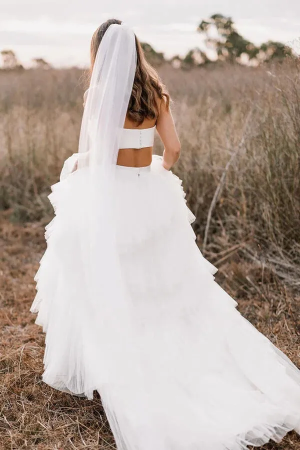 Simple Two Piece Wedding Dress With Layered Tulle Skirt, Bridal Gown, MW1005