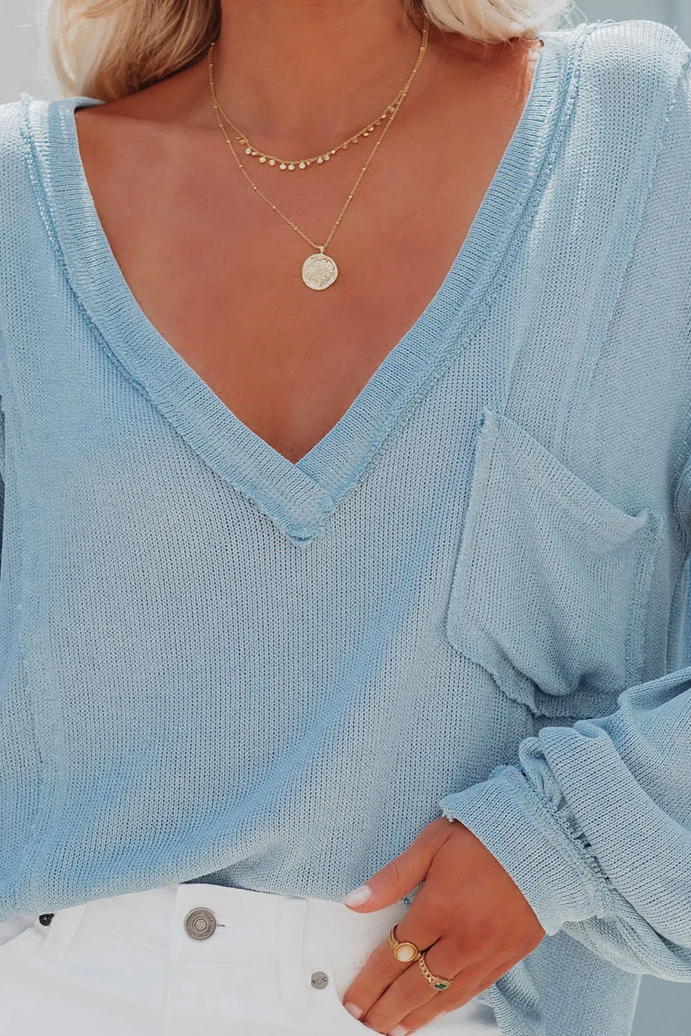 Sky Blue Exposed Seam Lantern Sleeve V Neck Knit Top