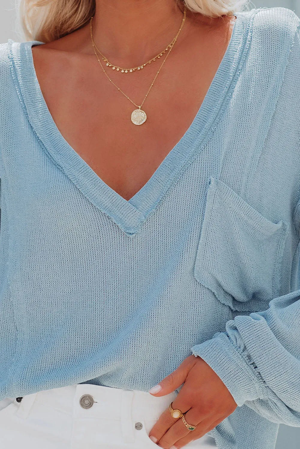 Sky Blue Exposed Seam Lantern Sleeve V Neck Knit Top