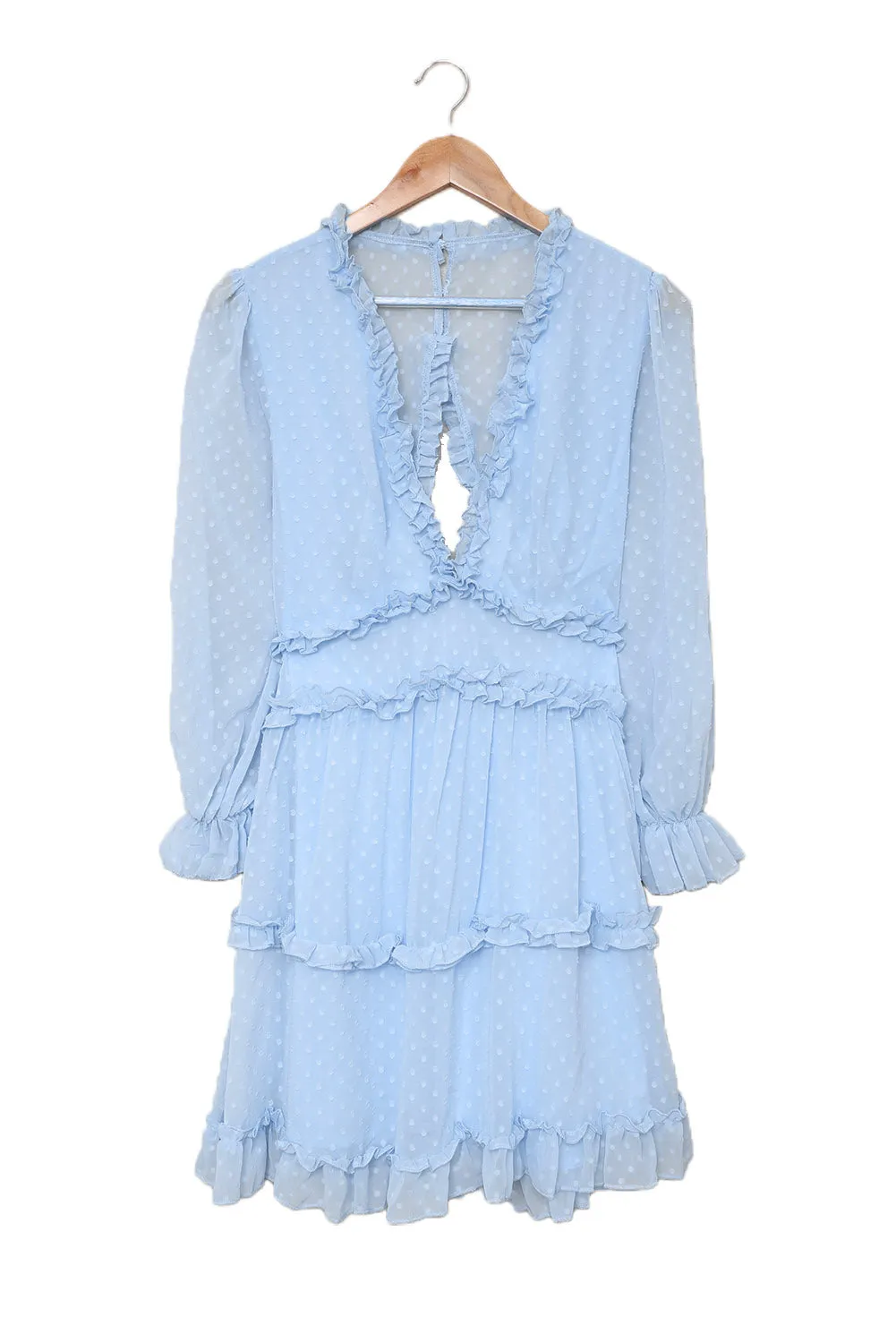 Sky Blue Layered Ruffled Open Back Puff Sleeve Swiss Dot Mini Dress