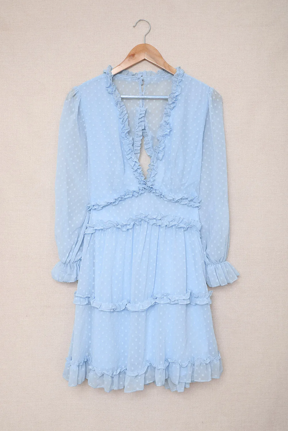 Sky Blue Layered Ruffled Open Back Puff Sleeve Swiss Dot Mini Dress
