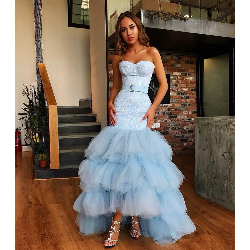 Sky Blue Tulle Sweetheart Neck Long Layered Evening Dresses Cheap Prom Dresses OKI47