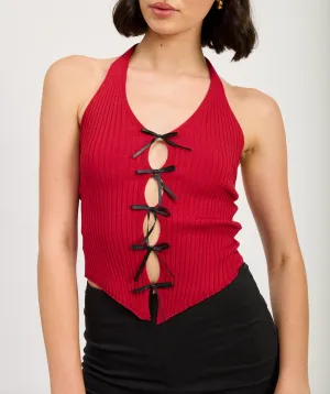 Sleeveless Ribbed Halter Bow Front Top