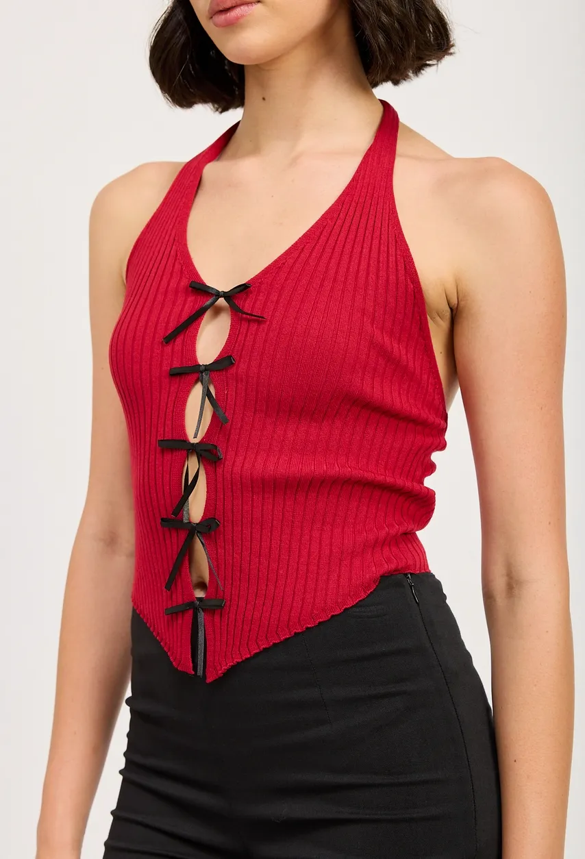 Sleeveless Ribbed Halter Bow Front Top