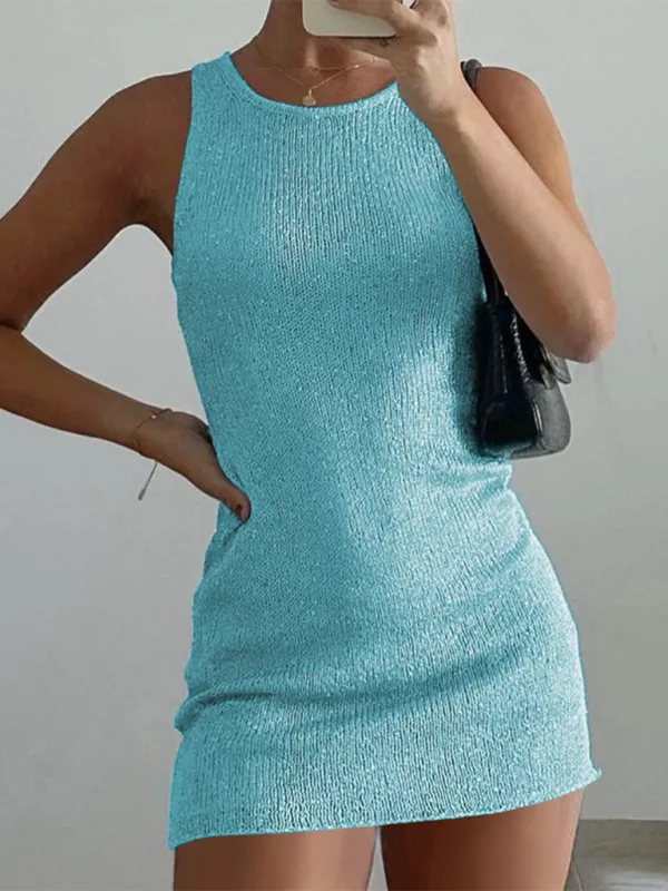 Slim-Fit Woolen Mini Dress with Round Neck