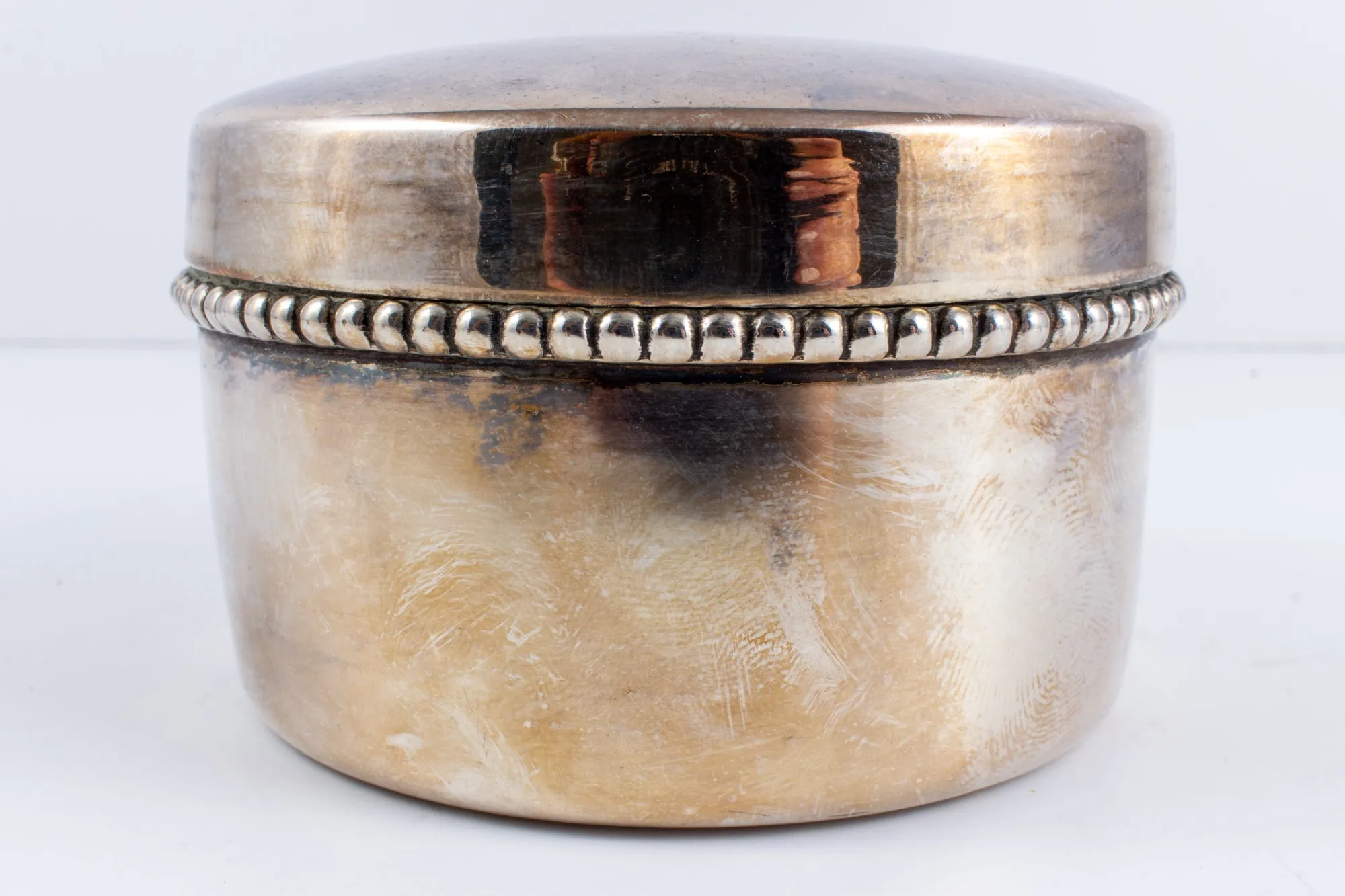 Small Vintage Round Silver Plate Beaded Edge Box found in France