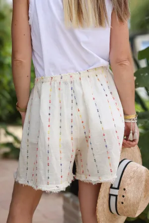 Soft ecru shorts elastic belt and bow stripes embroidered colored threads