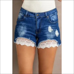 Spliced Lace Distressed Denim Shorts