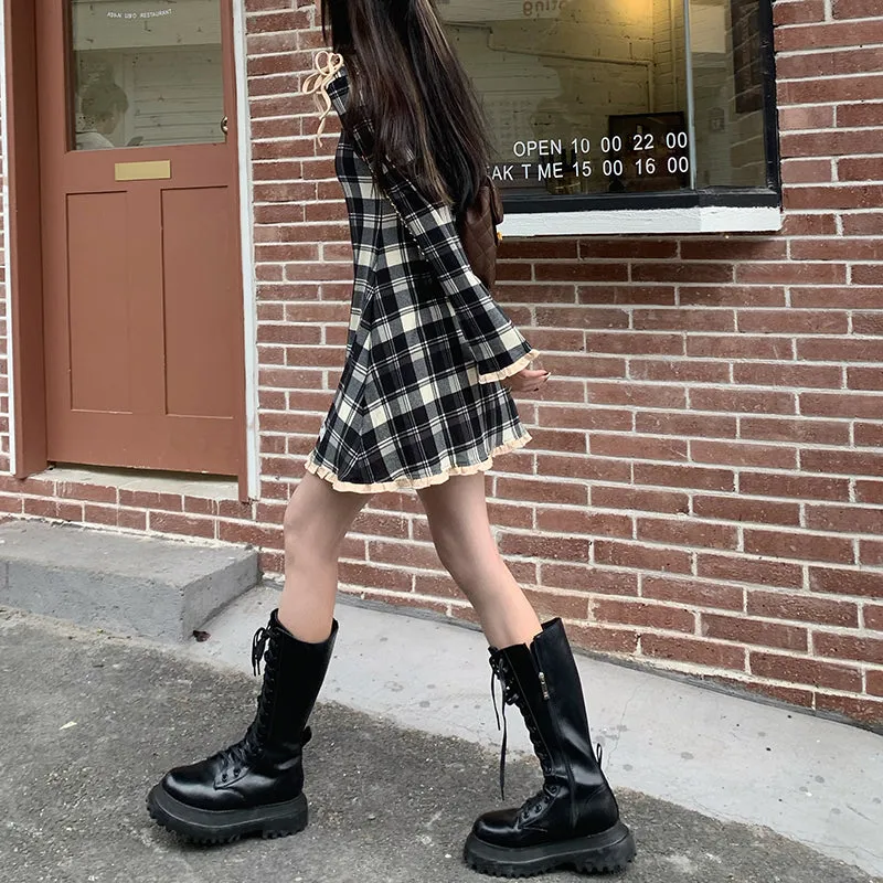Spring Plaid Lolita Dress Women Elegant Japanese Kawaii Paty Mini Dress Female Casual High Street Korean Dress Women  New