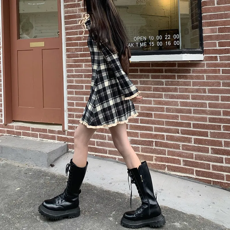 Spring Plaid Lolita Dress Women Elegant Japanese Kawaii Paty Mini Dress Female Casual High Street Korean Dress Women  New
