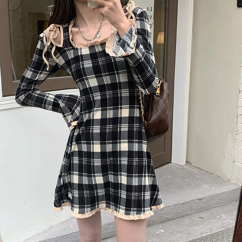 Spring Plaid Lolita Dress Women Elegant Japanese Kawaii Paty Mini Dress Female Casual High Street Korean Dress Women  New