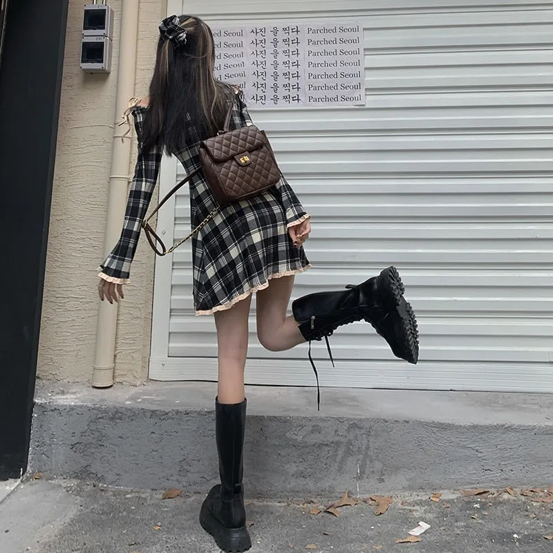 Spring Plaid Lolita Dress Women Elegant Japanese Kawaii Paty Mini Dress Female Casual High Street Korean Dress Women  New
