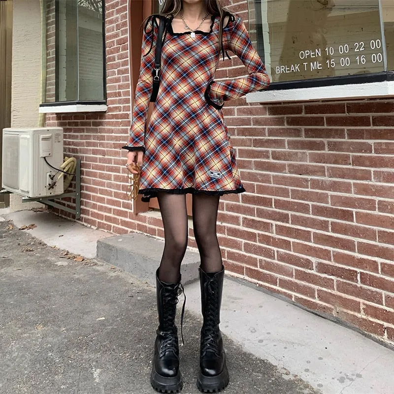 Spring Plaid Lolita Dress Women Elegant Japanese Kawaii Paty Mini Dress Female Casual High Street Korean Dress Women  New